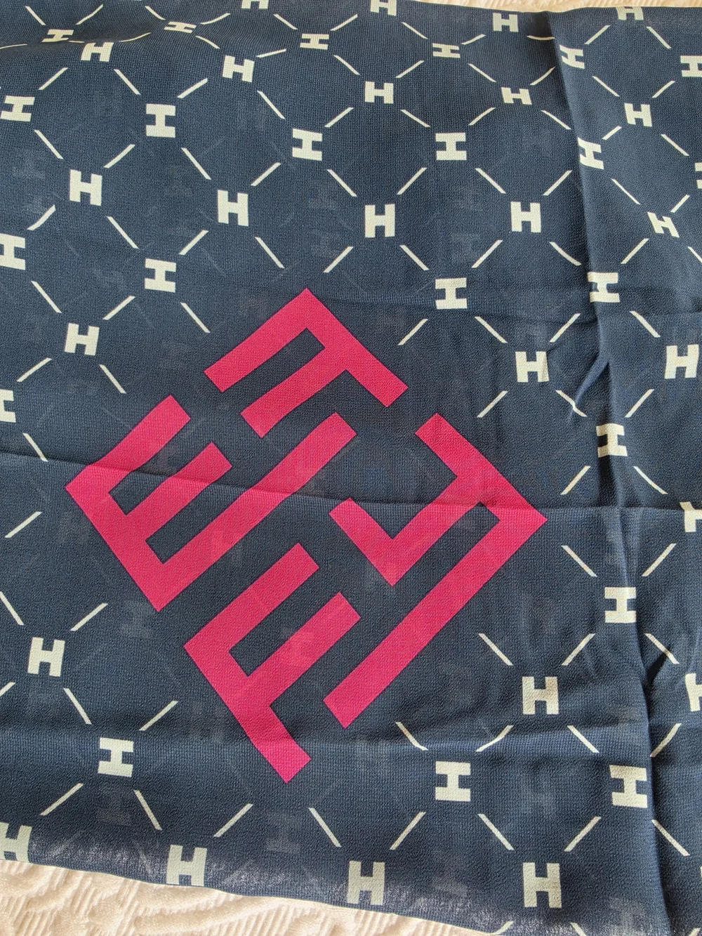 Effy Navy Blue Scarf with Pink Trim and White Motif